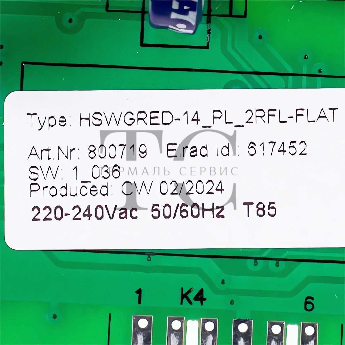 Этикетка платы Gorenje 800719 с маркировкой HSWGRED-14_PL_2RFL-FLAT